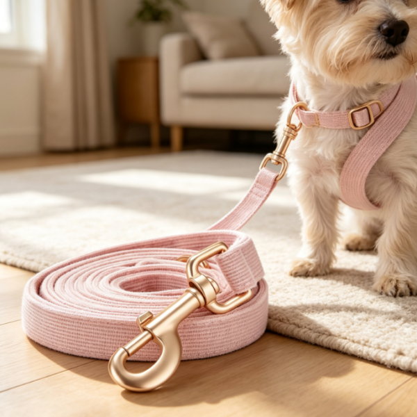 Soft Corduroy Dog ​​Leash With Non-Slip Grip And Gold-Tone Hook