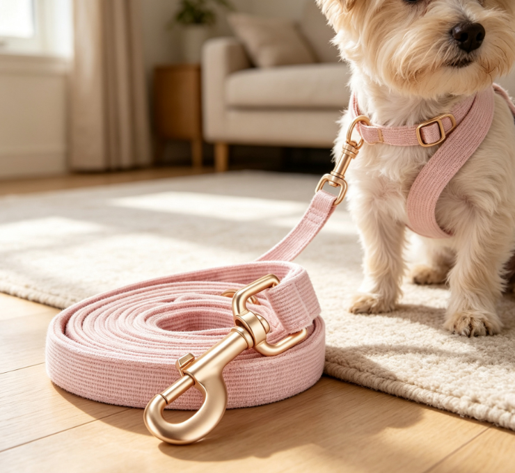 Soft Corduroy Dog Leash With Non-Slip Grip And Gold-Tone Hook