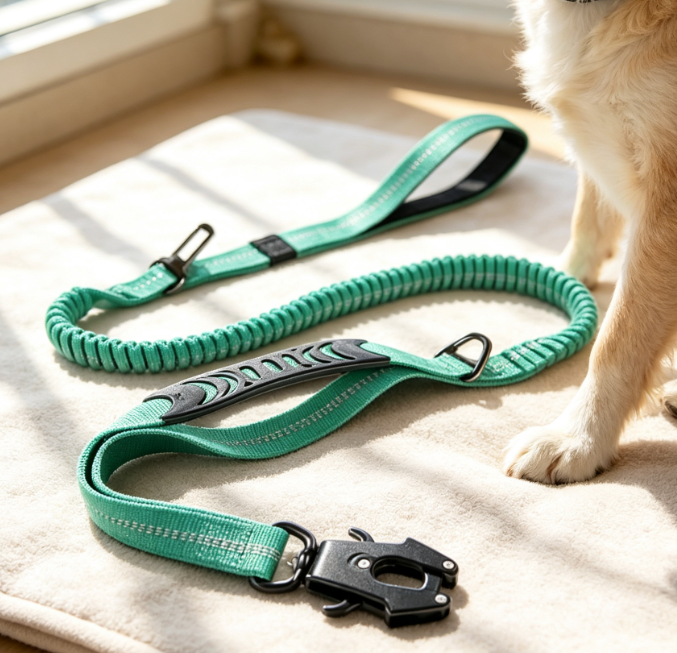 Tactical Dog Leash With Shock-Absorbing Bungee And Dual Handles