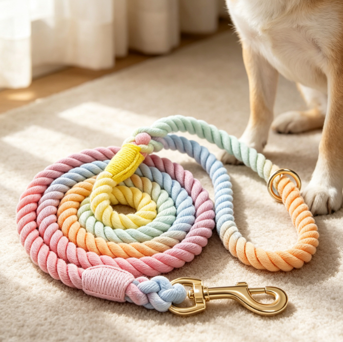 Hand-Woven Cotton Leash With Gold-Tone Metal Hardware