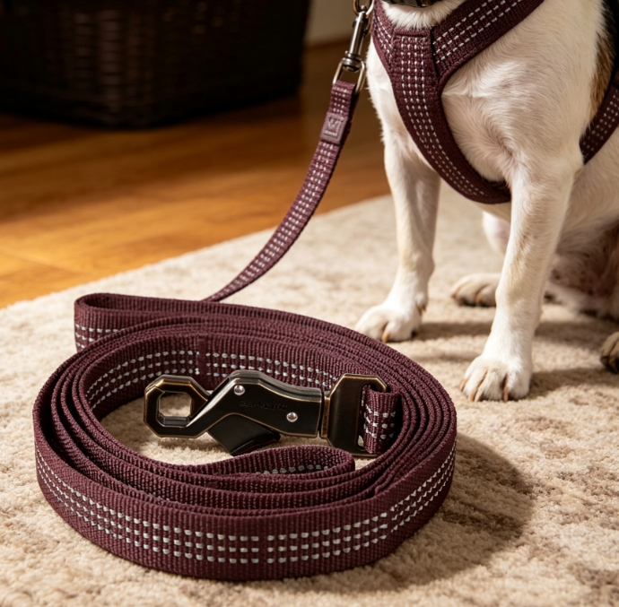Durable Nylon Leash With Dual Handles And Metal Snap Hook